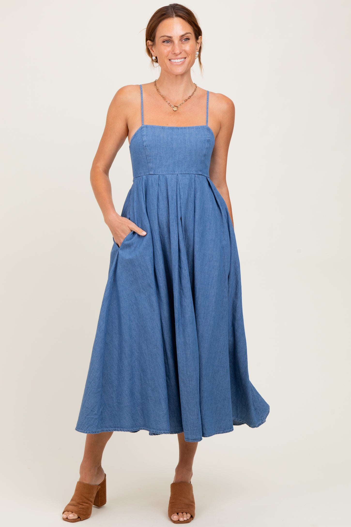 Denim Open Tied Back A-Line Midi Dress