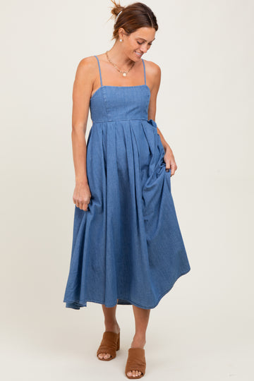 Denim Open Tied Back A-Line Midi Dress