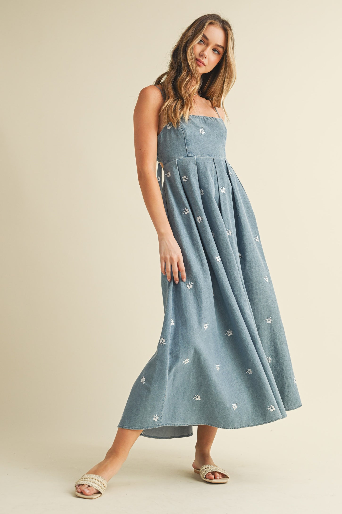 Denim Tied Back Embroidered Midi Dress