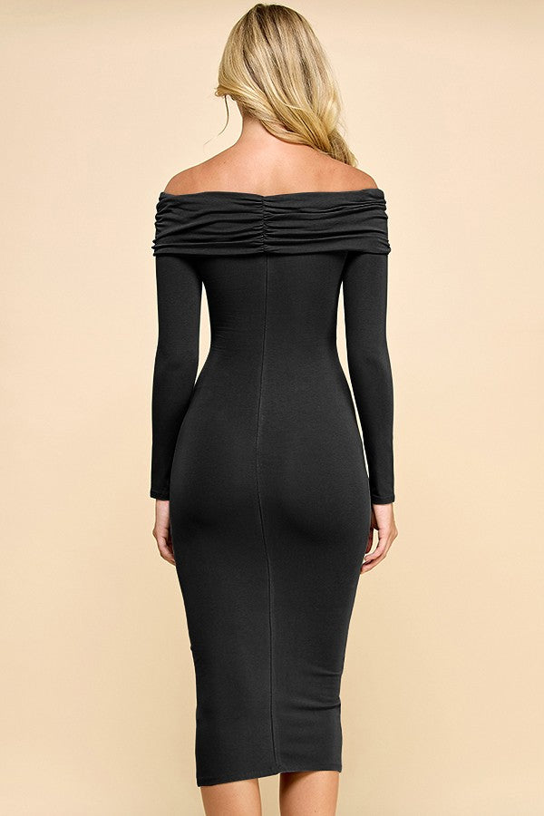 Black Ruched Off Shoulder Dress