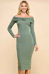 Sage Ruched Off Shoulder Maternity Dress