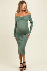 Sage Ruched Off Shoulder Maternity Dress