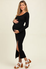 Black Scoop Neck Long Sleeve Front Slit Maternity Maxi Dress