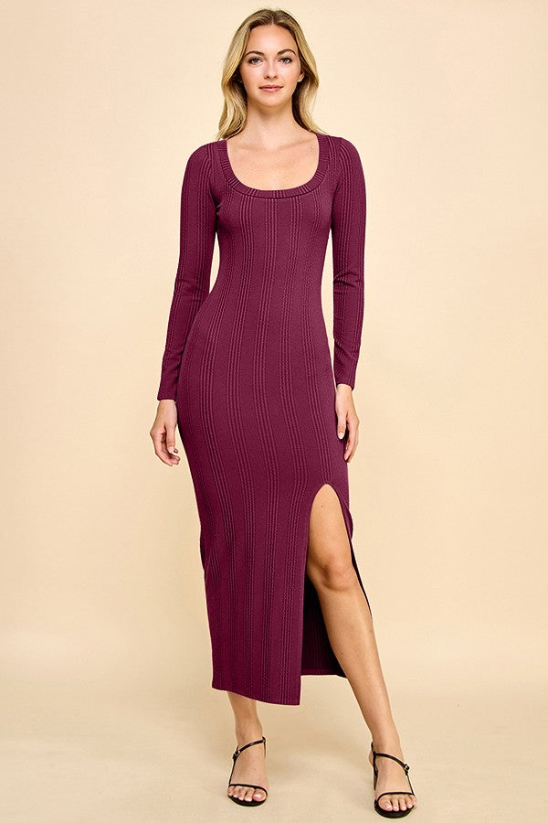 Burgundy Scoop Neck Long Sleeve Front Slit Maternity Maxi Dress