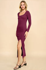 Burgundy Scoop Neck Long Sleeve Front Slit Maxi Dress