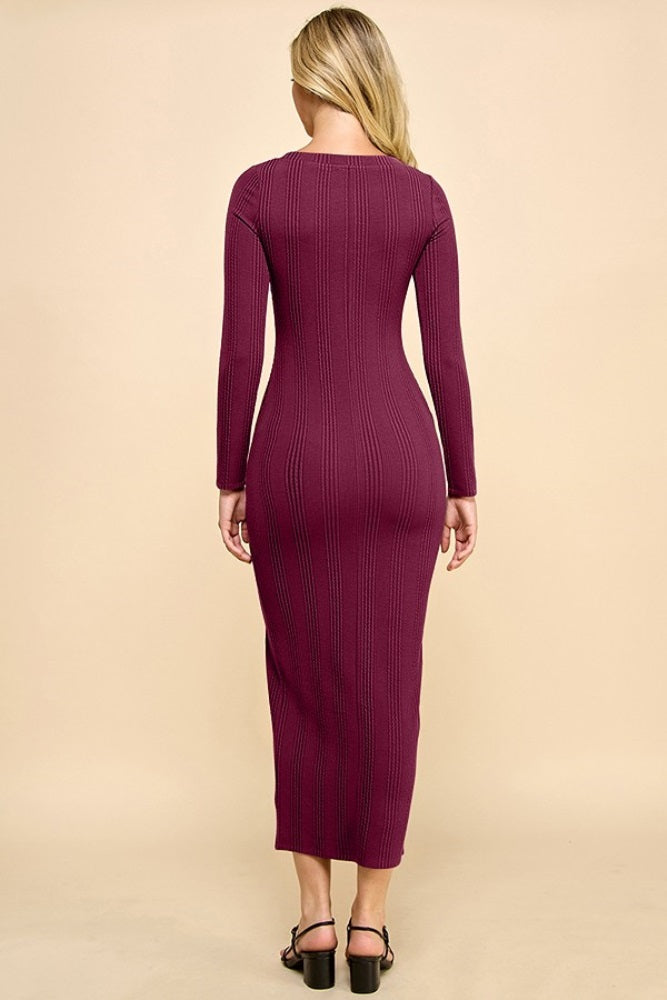 Burgundy Scoop Neck Long Sleeve Front Slit Maxi Dress