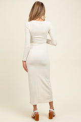 Cream Scoop Neck Long Sleeve Front Slit Maternity Maxi Dress