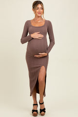 Brown Scoop Neck Long Sleeve Front Slit Maternity Maxi Dress