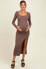Brown Scoop Neck Long Sleeve Front Slit Maternity Maxi Dress