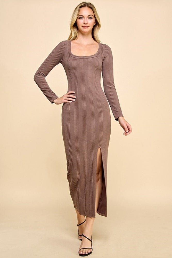 Brown Scoop Neck Long Sleeve Front Slit Maxi Dress