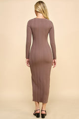 Brown Scoop Neck Long Sleeve Front Slit Maxi Dress