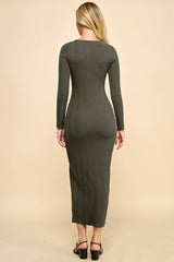 Olive Scoop Neck Long Sleeve Front Slit Maxi Dress