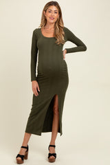 Olive Scoop Neck Long Sleeve Front Slit Maternity Maxi Dress