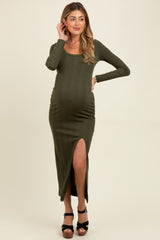 Olive Scoop Neck Long Sleeve Front Slit Maternity Maxi Dress