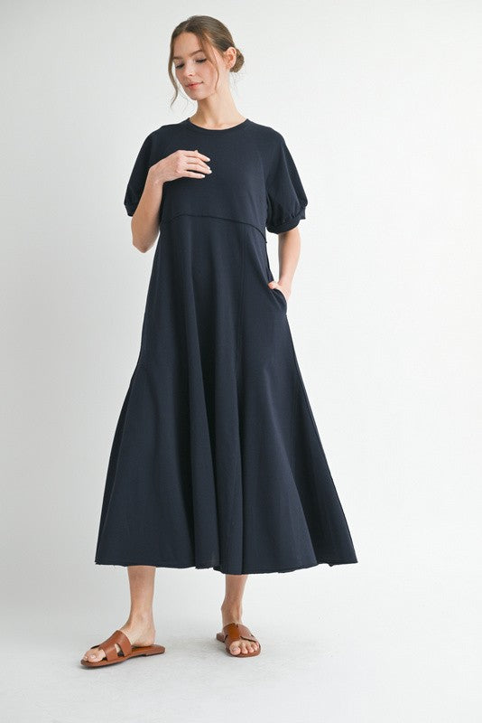 Navy Cotton Pocketed Midi Dress