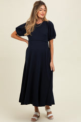 Navy Cotton Pocketed Maternity Midi Dress