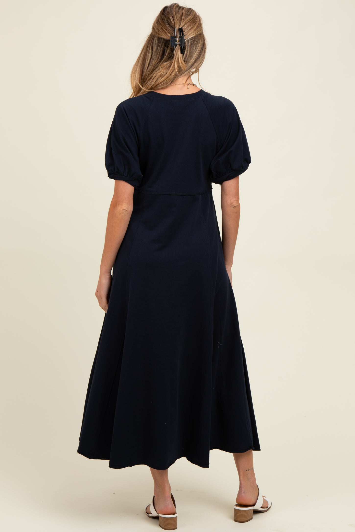 Navy Cotton Pocketed Maternity Midi Dress