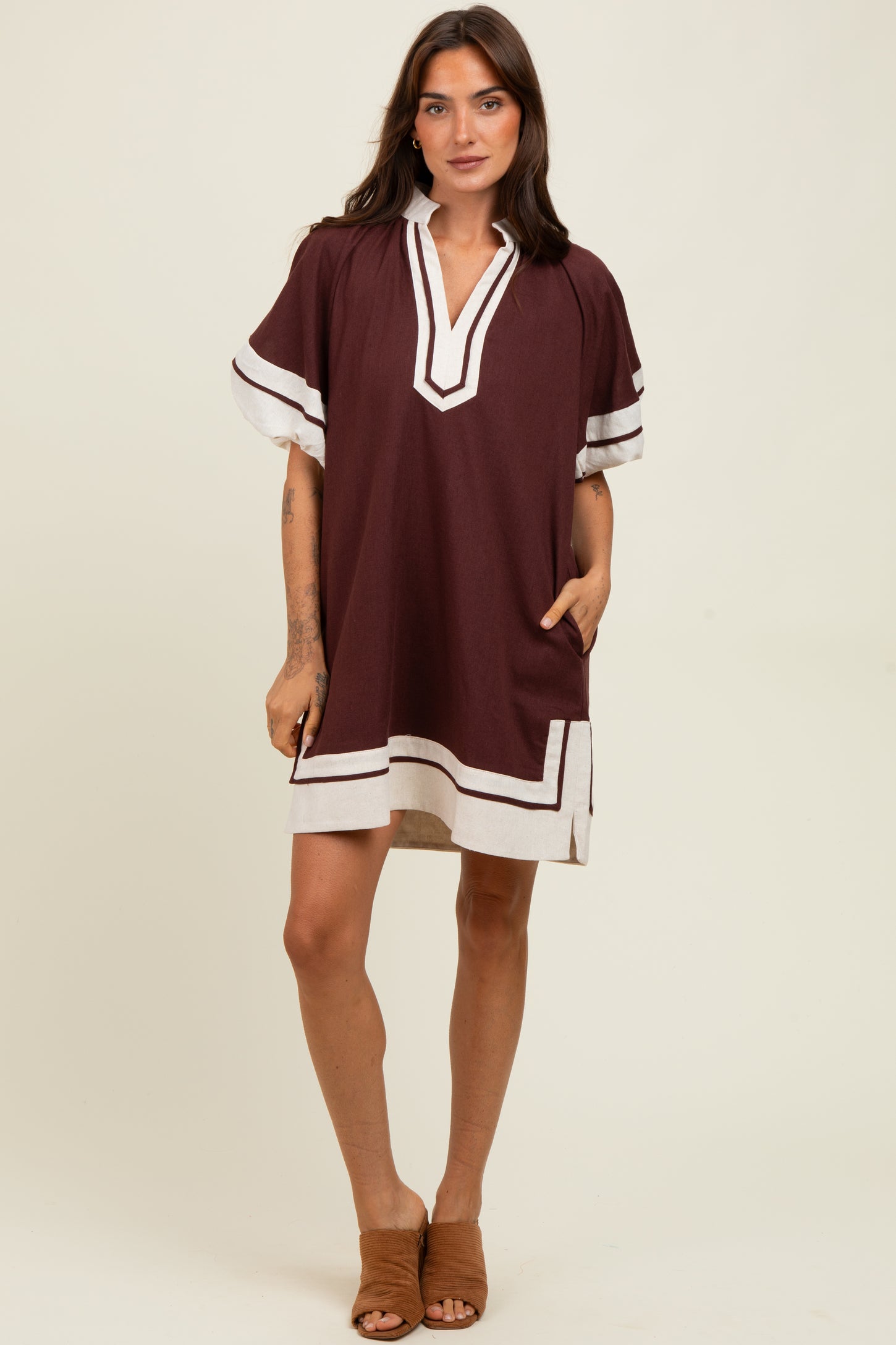 Brown Colorblock Border Print Mini Shift Dress