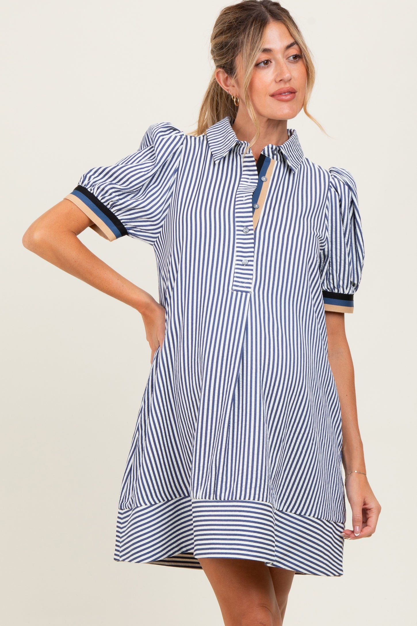 Navy Blue Striped Puff Sleeve Maternity Mini Shirt Dress