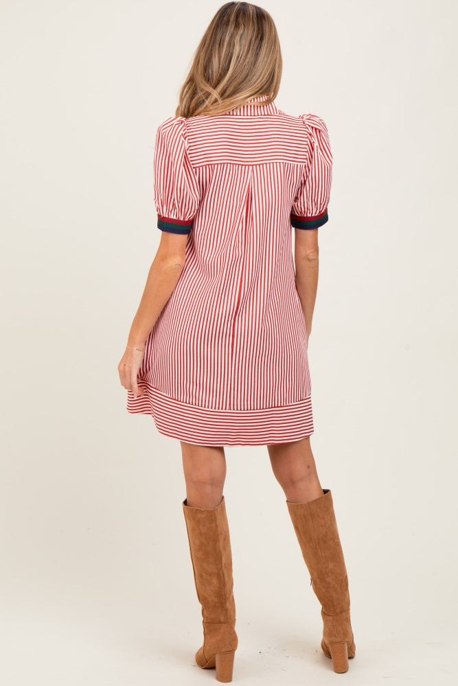 Rust Striped Puff Sleeve Maternity Mini Shirt Dress