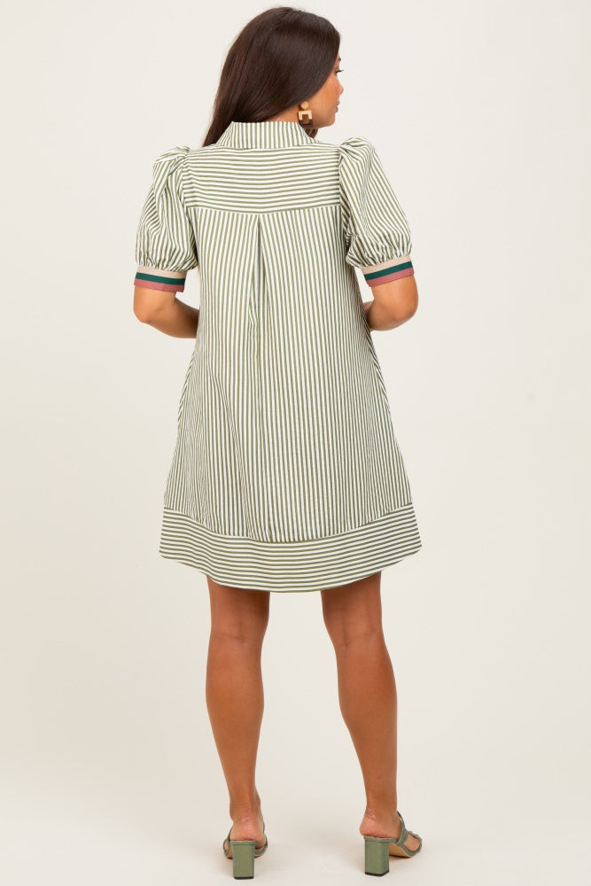 Light Olive Striped Puff Sleeve Maternity Mini Shirt Dress