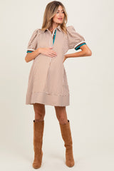 Camel Striped Puff Sleeve Maternity Mini Shirt Dress