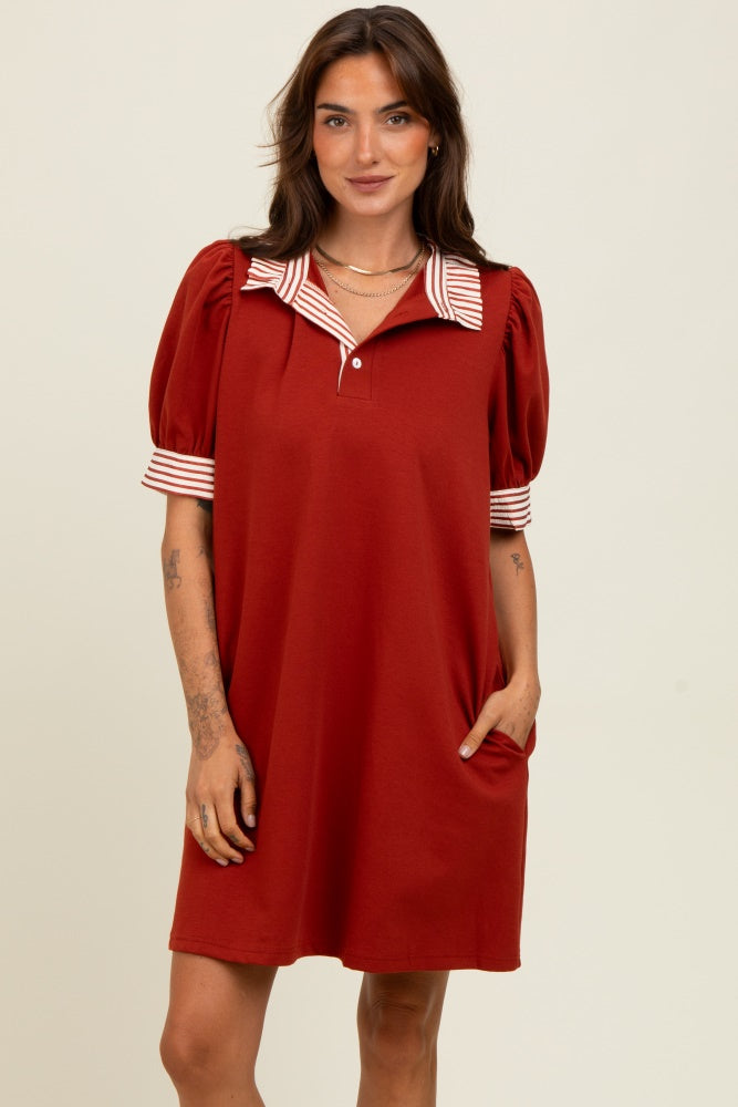 Rust Mock Neck Contrast Striped Trim Maternity Mini Dress