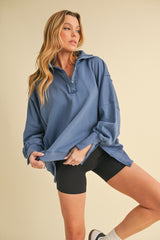 Blue Snap Button Pullover Henley Maternity Sweatshirt