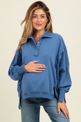 Blue Snap Button Pullover Henley Maternity Sweatshirt