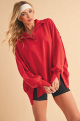 Red Snap Button Pullover Henley Maternity Sweatshirt