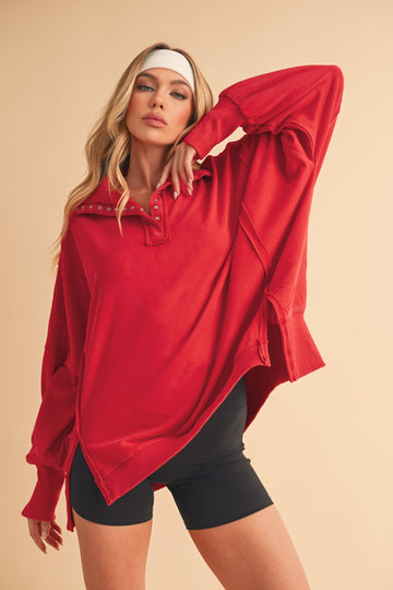 Red Snap Button Pullover Henley Sweatshirt