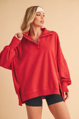 Red Snap Button Pullover Henley Sweatshirt