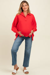 Red Snap Button Pullover Henley Maternity Sweatshirt
