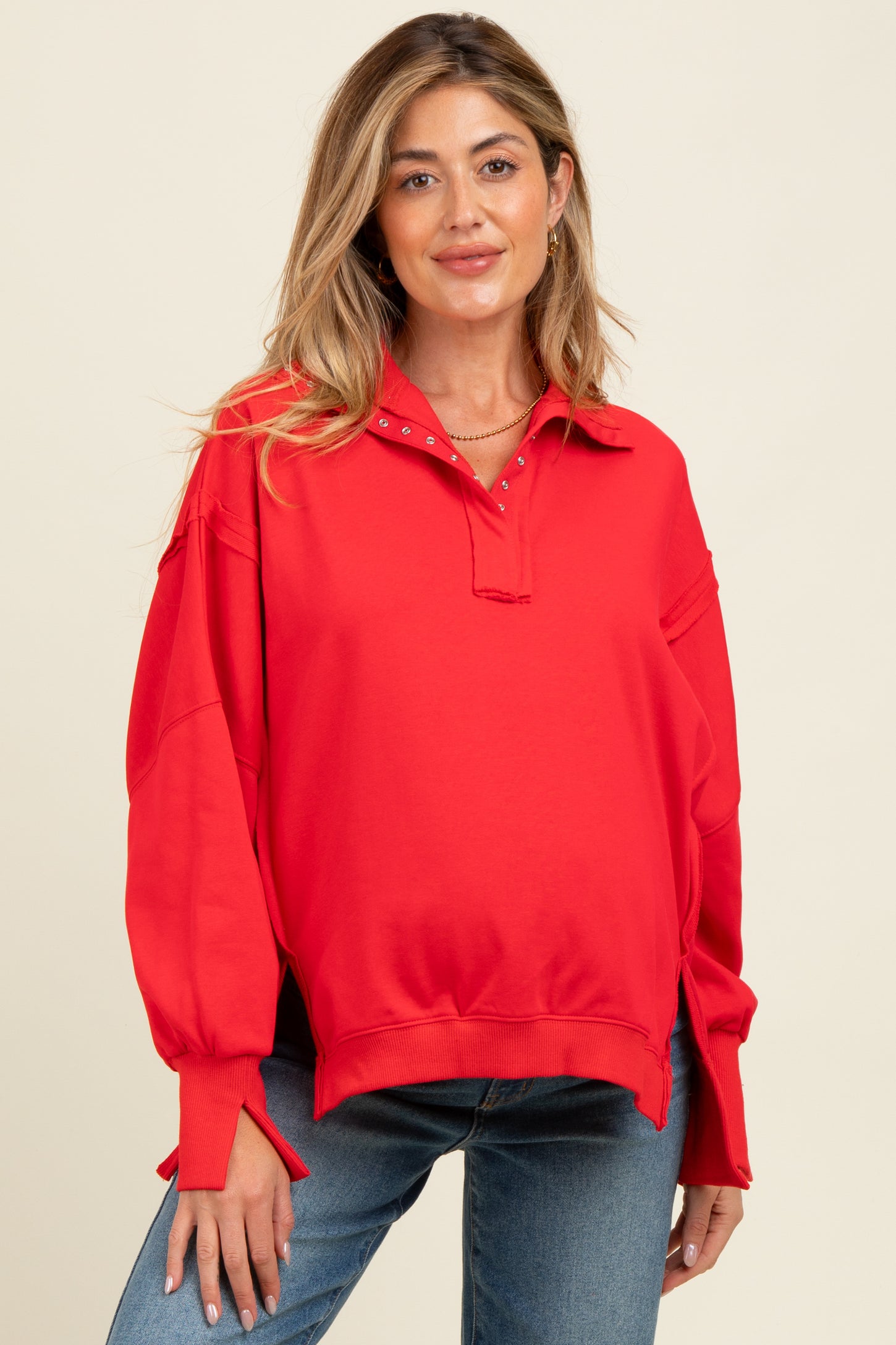 Red Snap Button Pullover Henley Maternity Sweatshirt