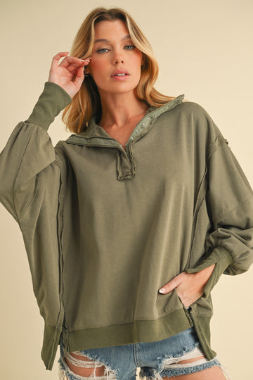 Olive Snap Button Pullover Henley Sweatshirt
