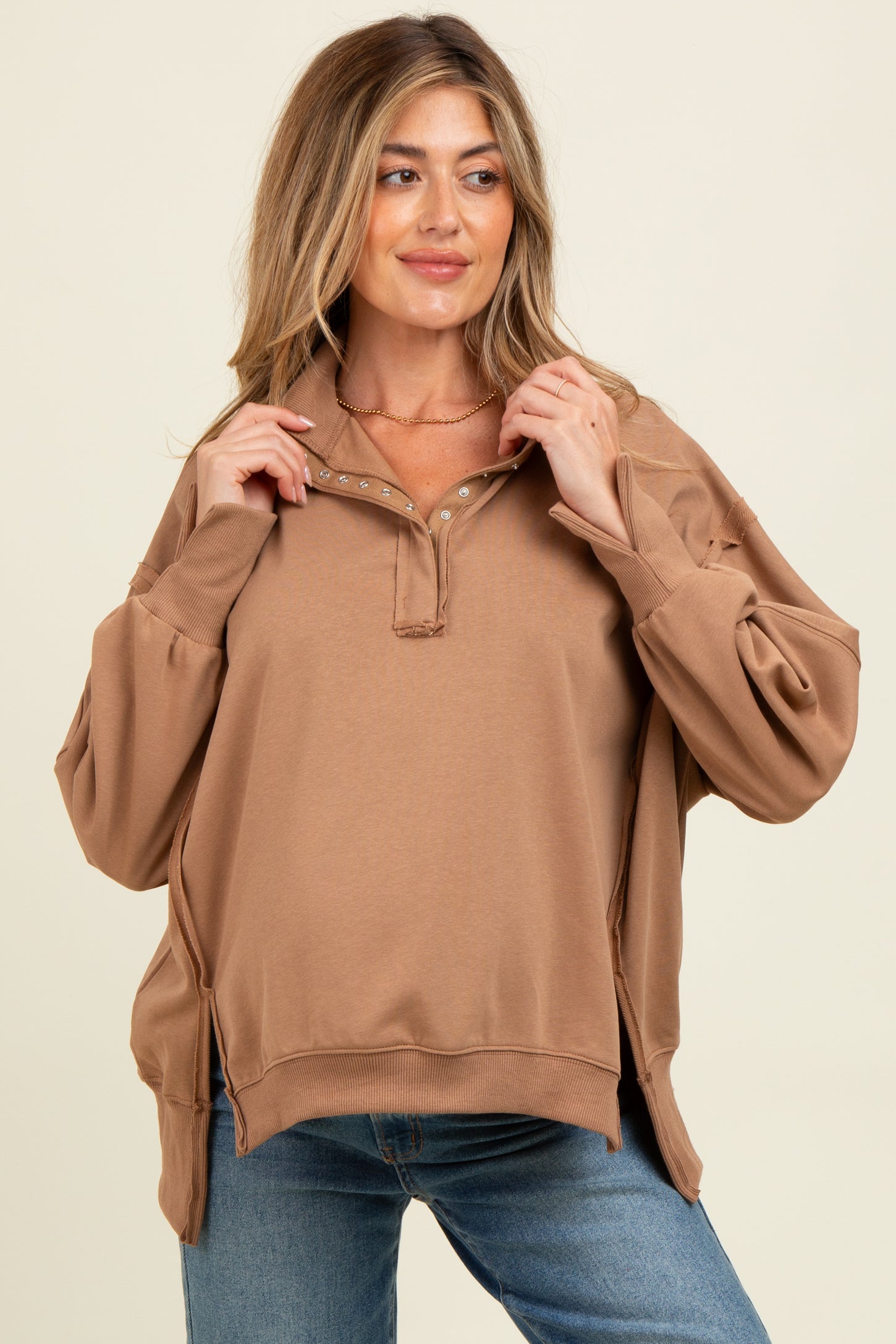 Mocha Snap Button Pullover Henley Maternity Sweatshirt