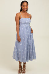 Blue Striped Embroidered Tie Back Cutout Midi Dress