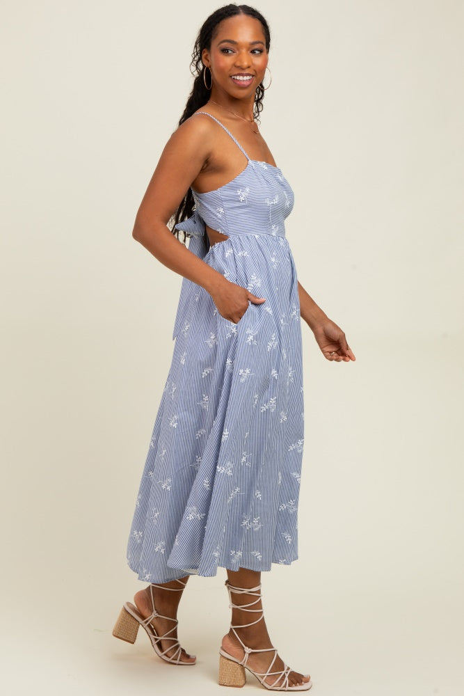 Blue Striped Embroidered Tie Back Cutout Midi Dress