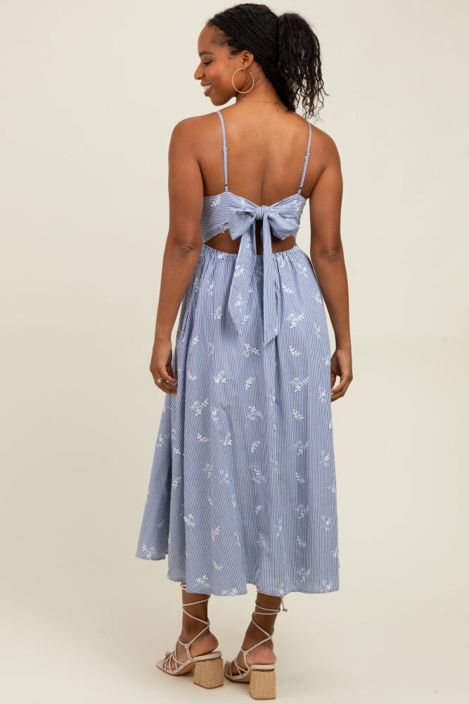 Blue Striped Embroidered Tie Back Cutout Midi Dress