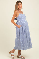 Blue Striped Embroidered Tie Back Cutout Maternity Midi Dress