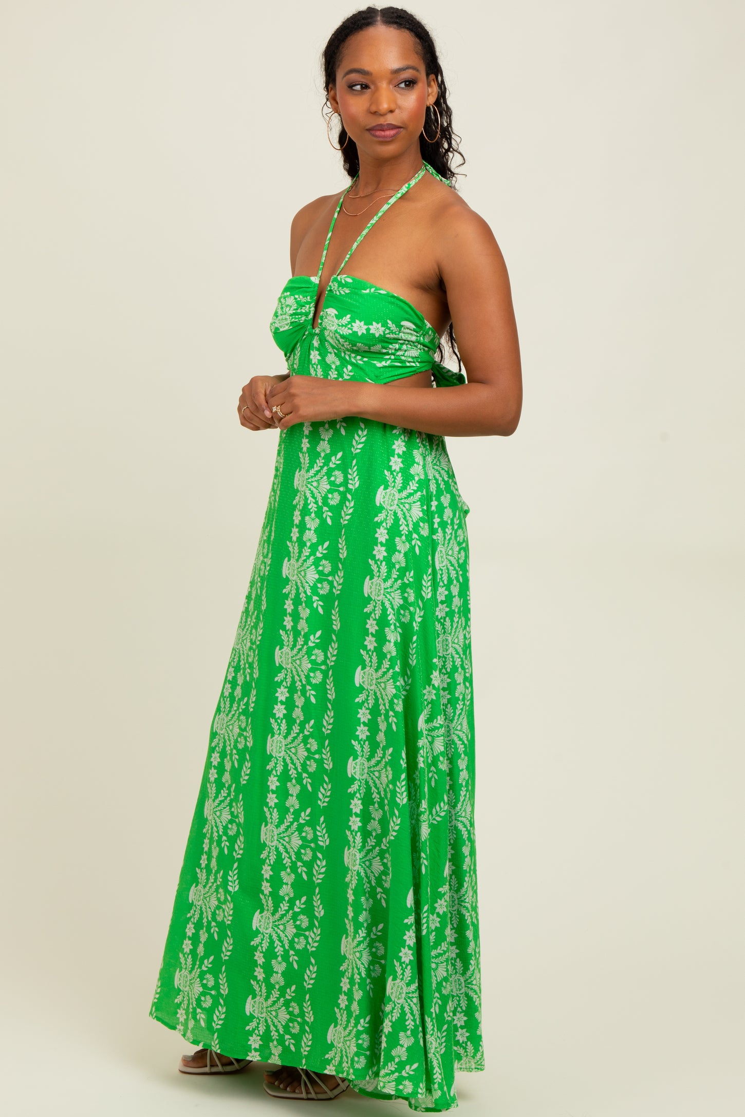 Green Floral Halter Tie Back Cutout Maxi Dress