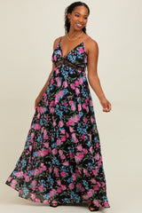 Black Floral Lace Inset Tiered Maxi Dress