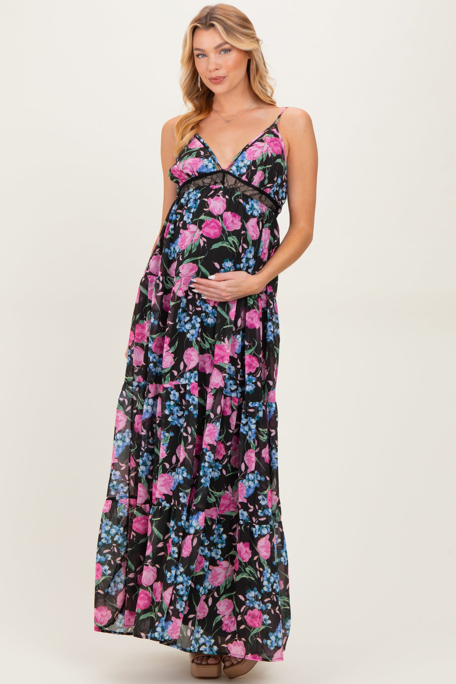 Black Floral Lace Inset Tiered Maternity Maxi Dress