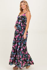 Black Floral Lace Inset Tiered Maternity Maxi Dress