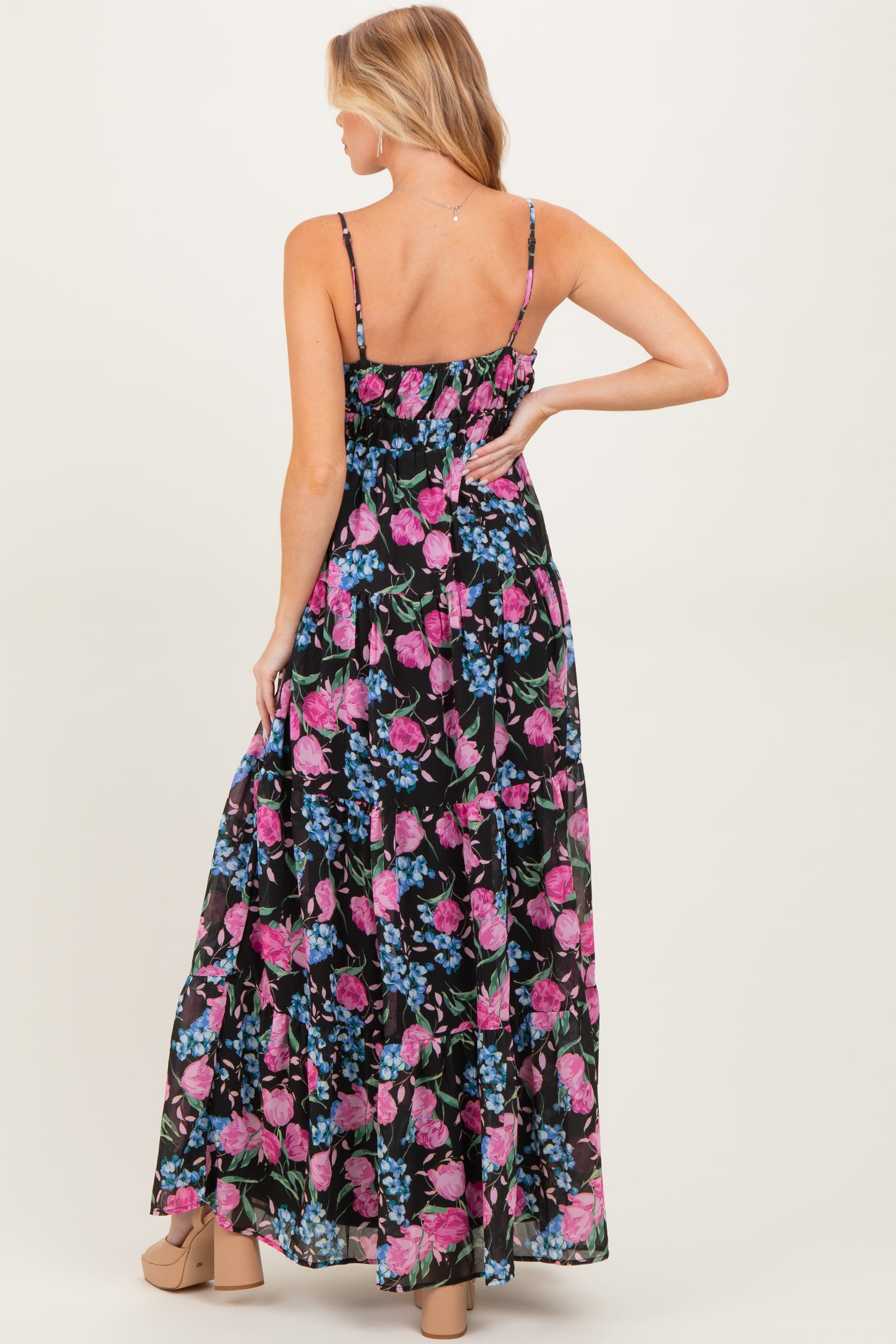 Black Floral Lace Inset Tiered Maternity Maxi Dress