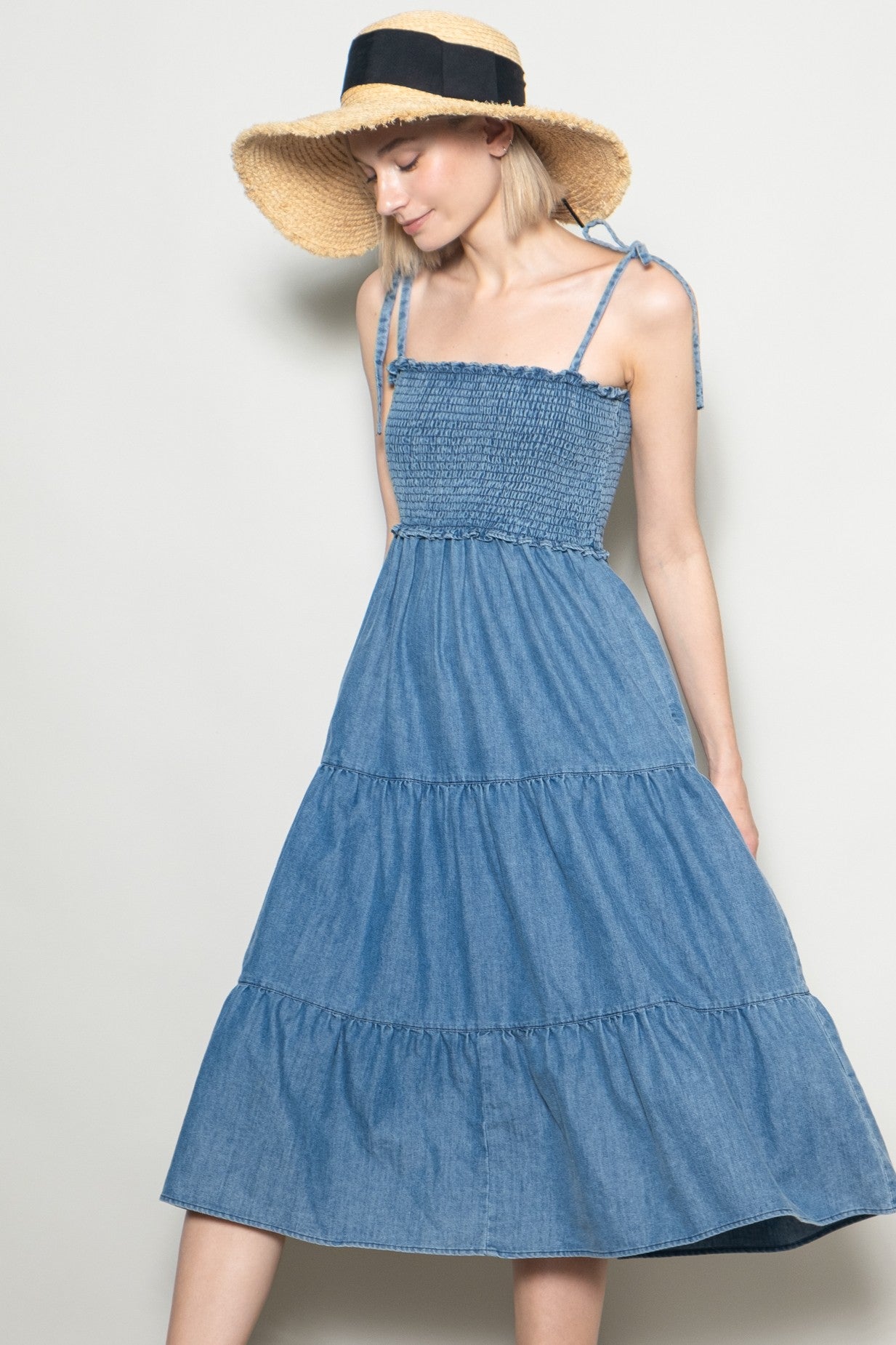 Blue Vintage Wash Denim Smocked Maternity Dress