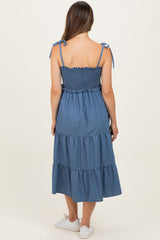 Blue Vintage Wash Denim Smocked Maternity Dress