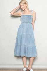 Light Blue Vintage Wash Denim Smocked Maternity Dress