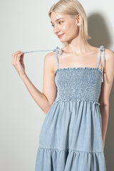 Light Blue Vintage Wash Denim Smocked Dress