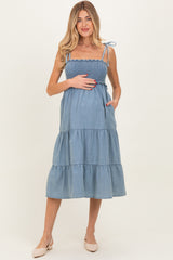 Light Blue Vintage Wash Denim Smocked Maternity Dress